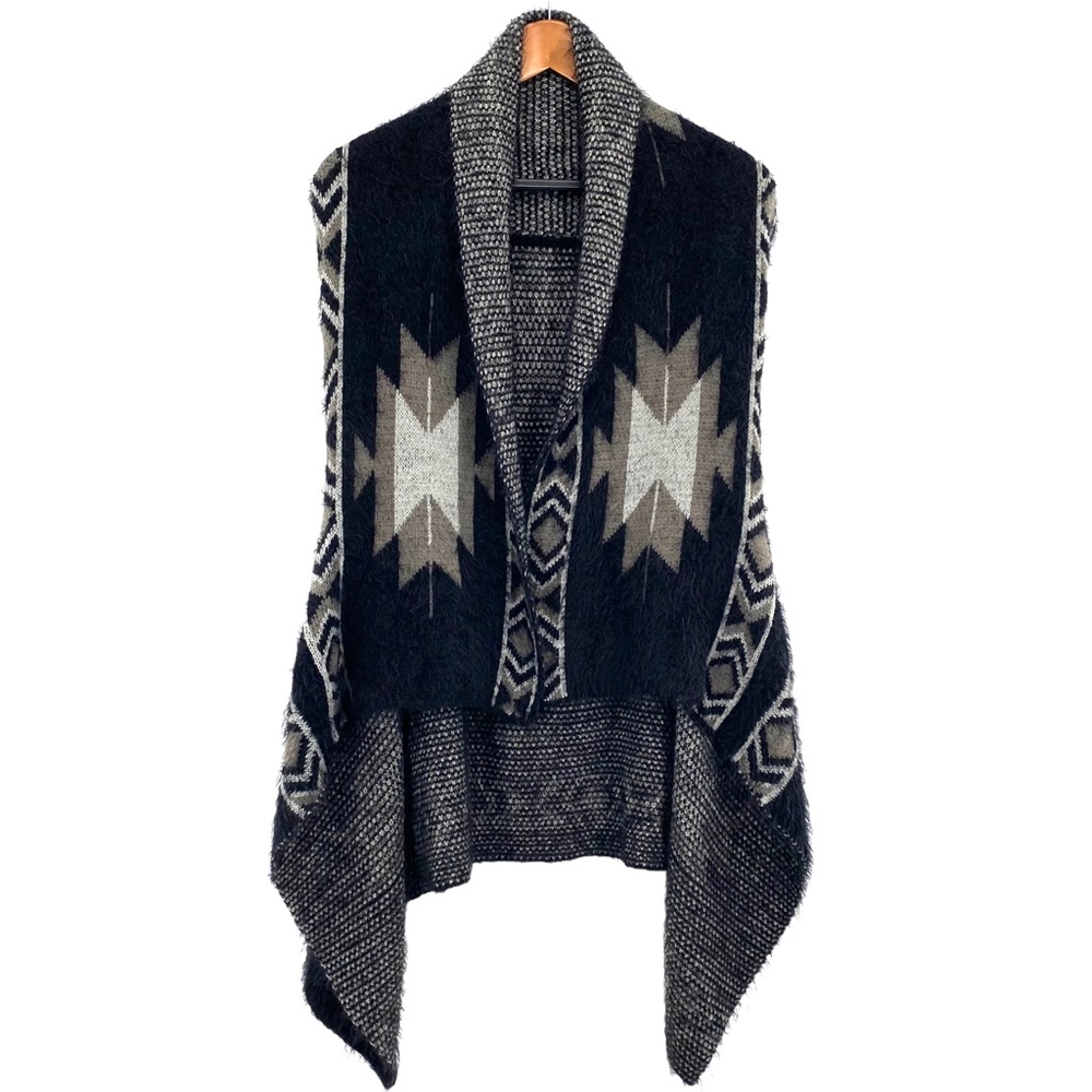 Shawl Collar Aztec Knit Cardigan Vest - Black & Gray